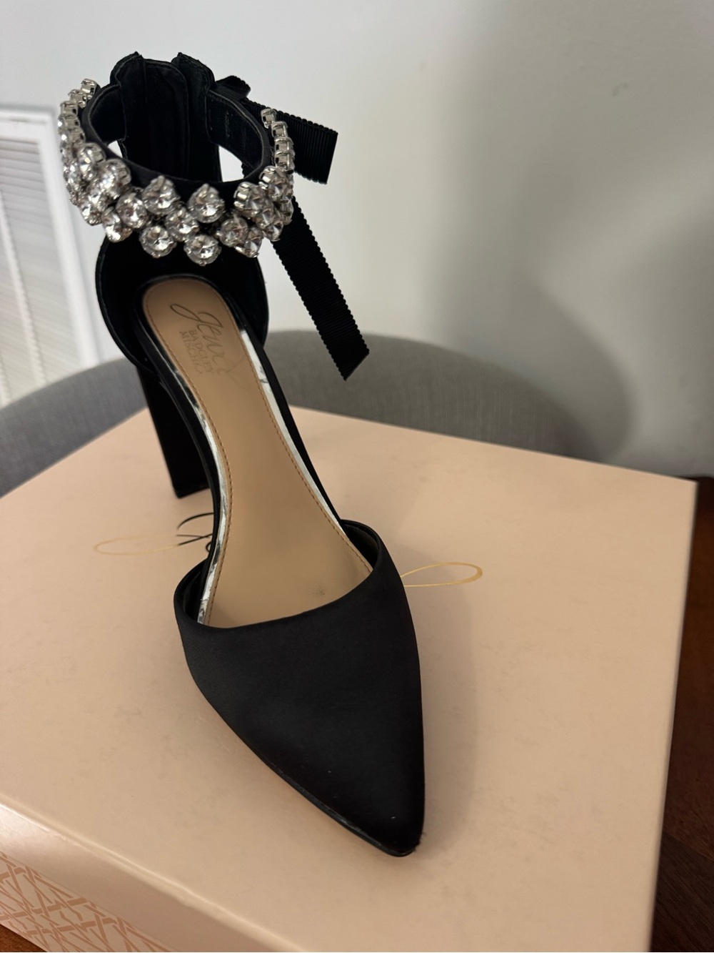 Badgley Mischka Black Satin Pointed Toe Crystal-Ankle Strap Heels